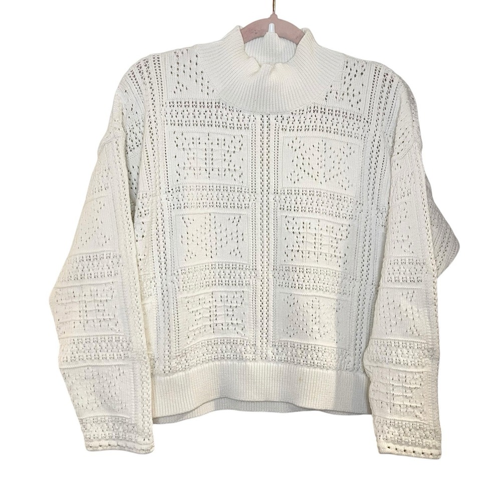 CLUB‎ MONACO Knit Mock Neck Boxy Crop Chunky Sweater Ivory Grandma Cottagecore